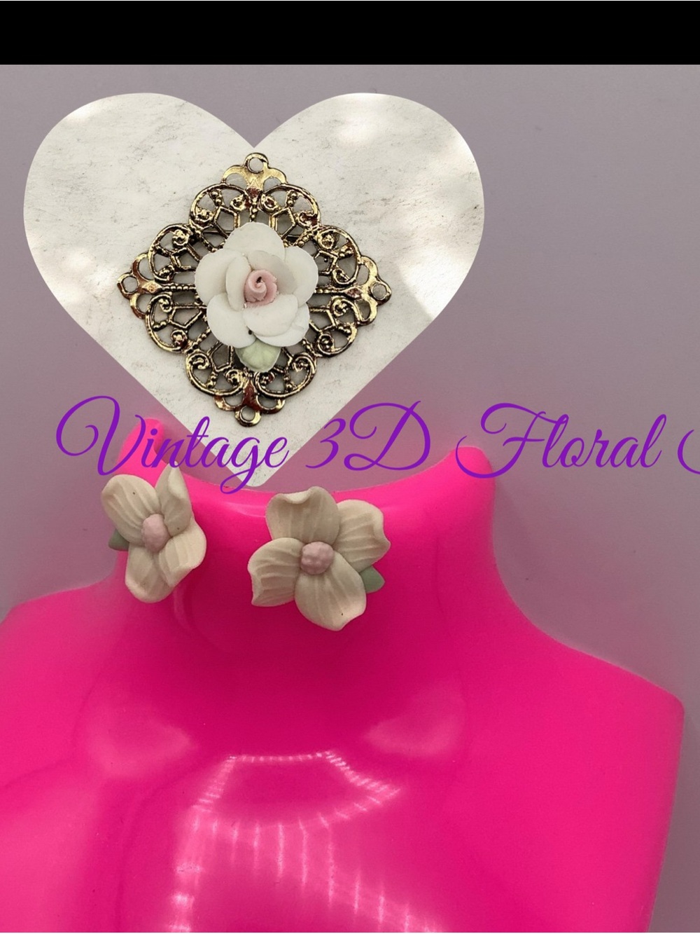 Vintage White Porcelain Flower brooch set with Gold Filigree Accent